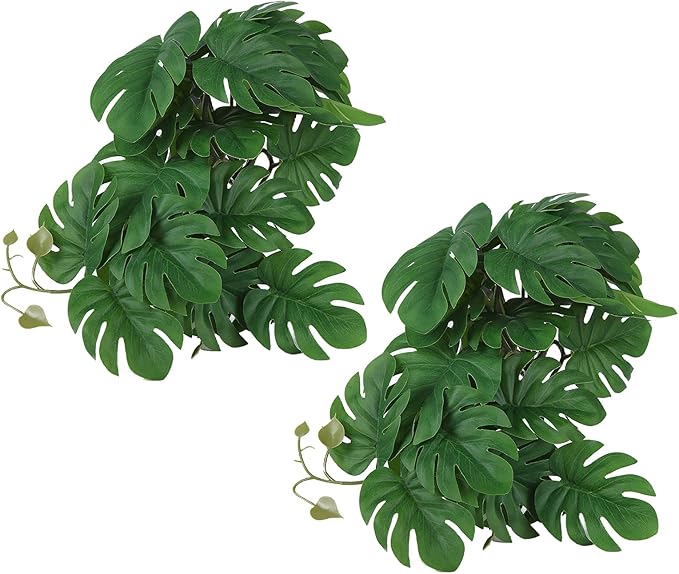 2PCS Artificial Water Plant,Simulation Vine,Lifelike Plastic Leaves Decoration with Suction Cup,Plastic Plant Aquatic Water Grass Decor for Fish Tank (Monstera Deliciosa Leaf)