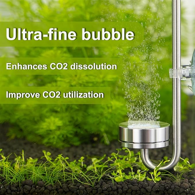 LINLAN 11.84in 304 Stainless Steel CO₂ Diffuser, Frosted Matte Material(One-Piece Molding), Equipped with Silicone Suction Cup + Replacement Diffusion Disc, Suitable for Rimless Planted Aquariums