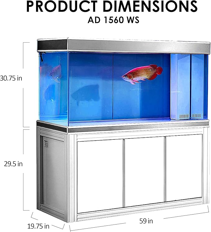 175 Gallon Glass Aquarium with Aluminum Cabinet - Including Sump for Filtration and Circulation, Plumbing, LED, White