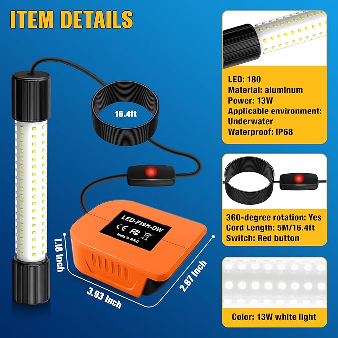 Underwater Fishing Light White LED Compatible with Dewalt 20V 60V Battery Lure Bait Light Submersible Night Boat Waterproof IP68 in Freshwater and Saltwater with 16.4FT