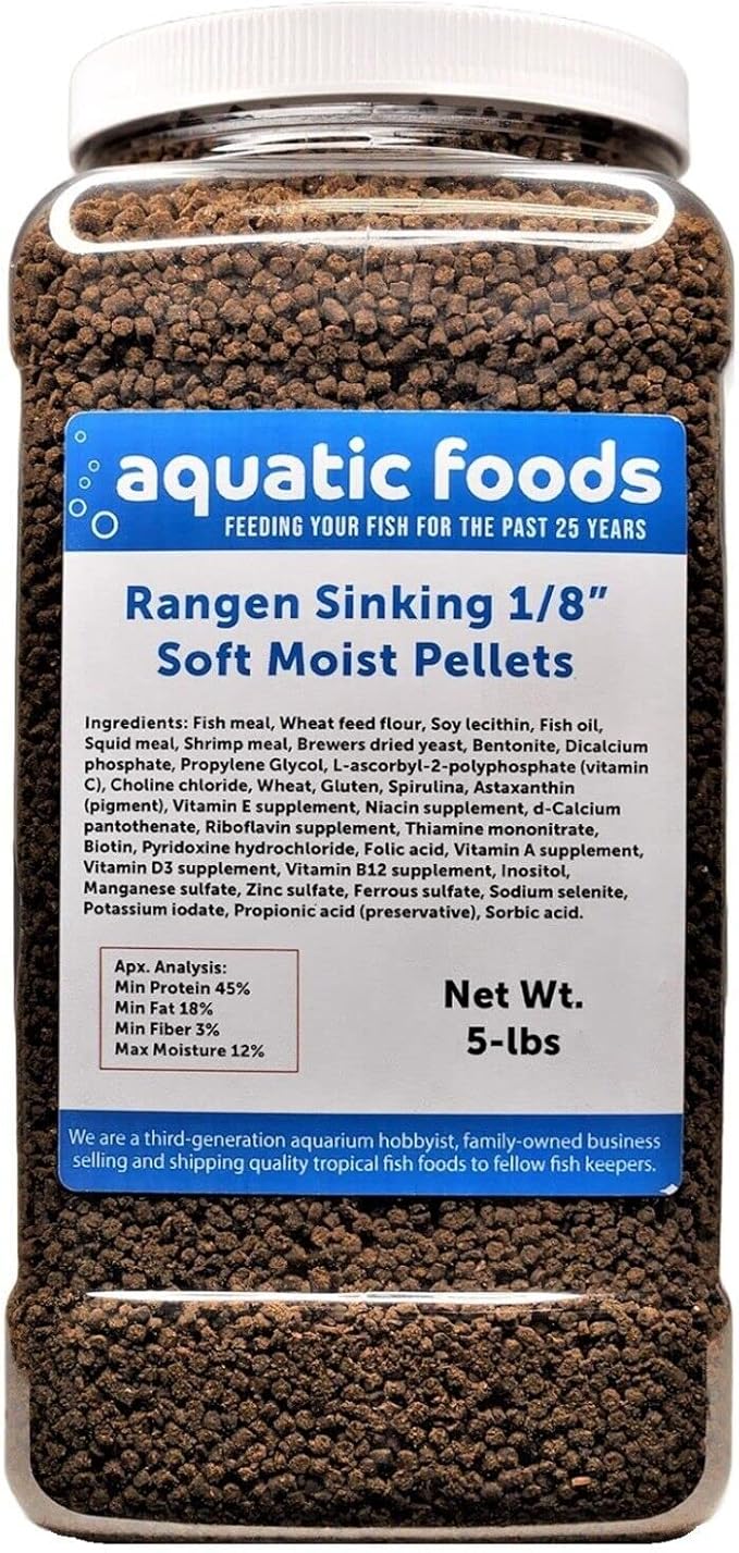 1/8" Soft Moist Sinking Salmon Pellets for Juvenile Axolotls, Shrimp, Snails, Crabs, Small Amphibians, Bottom Tropical Fish...5-lb Lg Jar