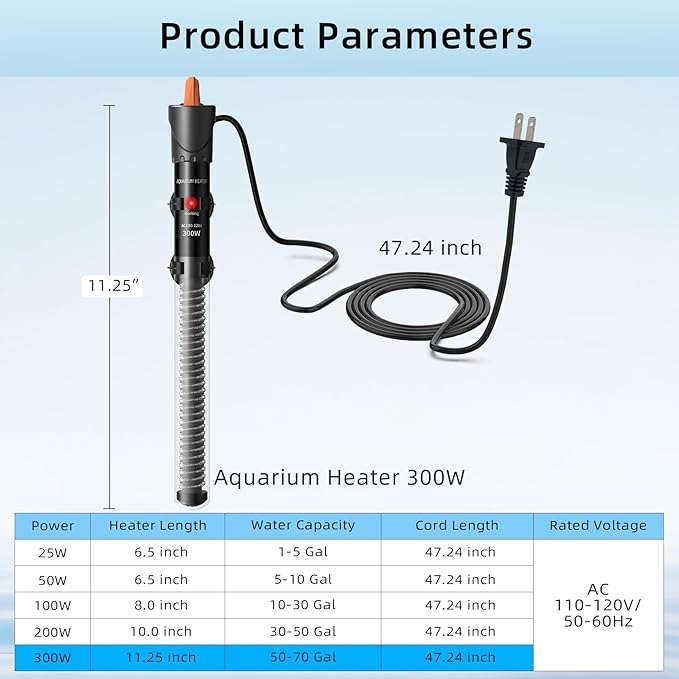 HiTauing Aquarium Heater 25W/50W/100W/200W/300W, Adjustable Knob Fish Tank Heater with Digital Thermometer, Submersible Betta/Turtle Tank Heater for Freshwater and Saltwater Tanks