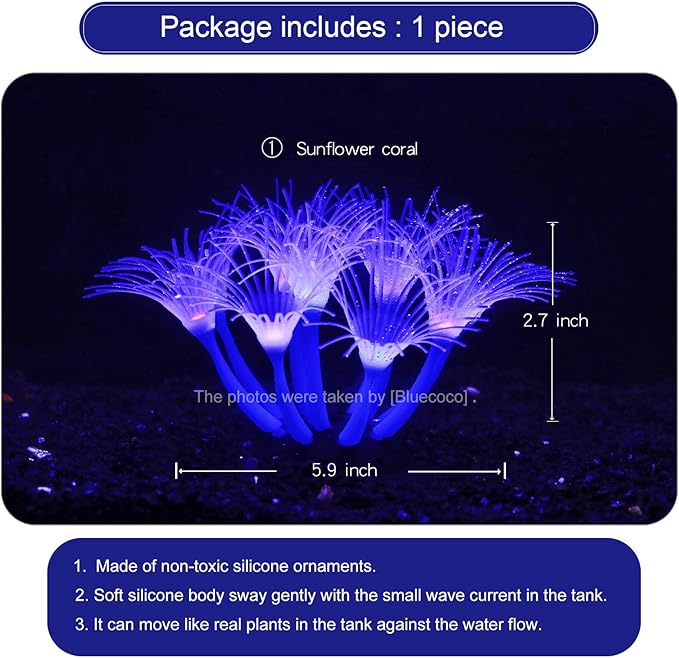 Artificial Flowers Soft Silica Gel Moves Naturally with Water Flow, Aquarium Decorations Glow in The Dark, Glowing Coral Ornaments for Fish Tank Decorations (Blue, Sunflower)