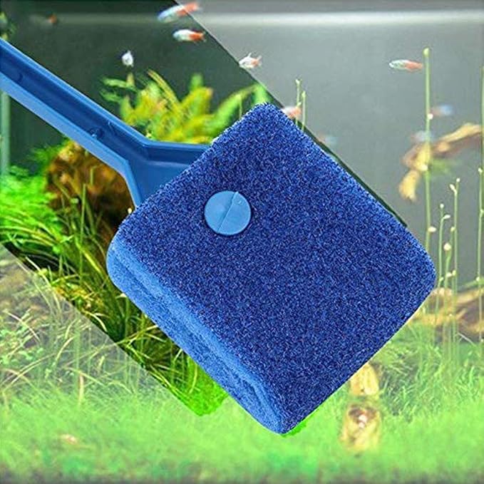 Double-Sided Fish Tank Aquarium Cleaning Sponge Brush with Non-Slip Handle Blue