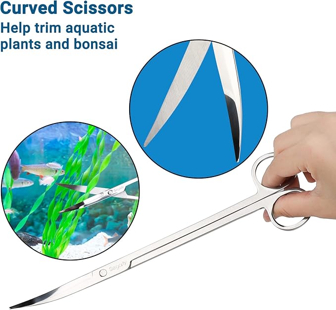 Segarty Aquarium Aquascaping Tools, 6 in 1 Stainless Steel Silver Aquascaping Tools Kit for Aquatic Plant Fish Tank, Long Scrapers Spatula Feeding Tweezers Curved Straight Scissors Aquarium Tools
