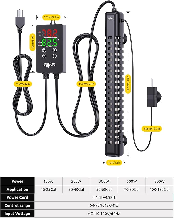 SEAOURA Aquarium Heater, 800W Fish Tank Heater for 100-180 Gallon, Submersible Heater for Aquarium with Over-Temperature Protection, Adjustable Intelligent Controller Auto Power-Off