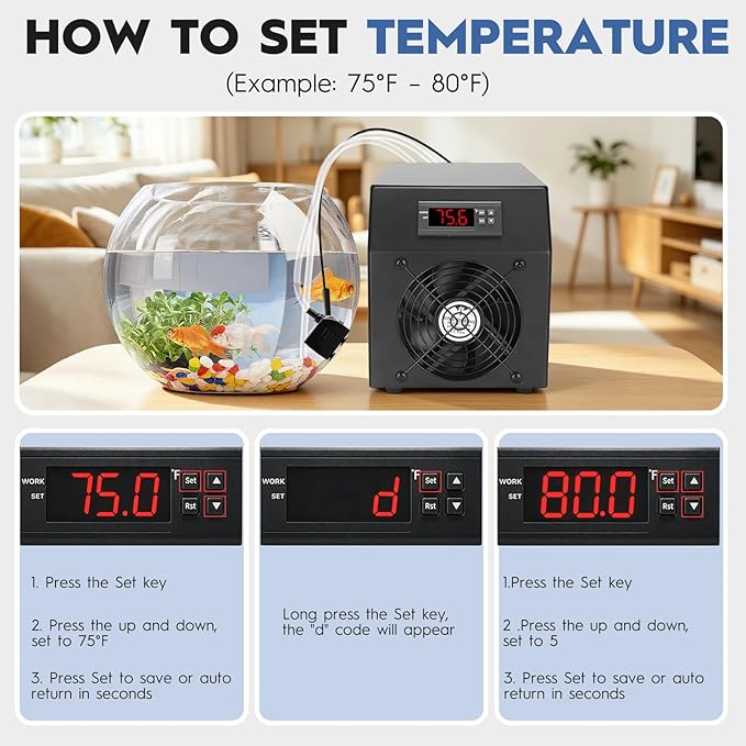 Small Aquarium Chiller 15gal/60L, Quiet Water Chiller for Household Fish Tanks Coral Reef Axolotl Hydroponics, Fish Tank Chiller 110V with Water Pump