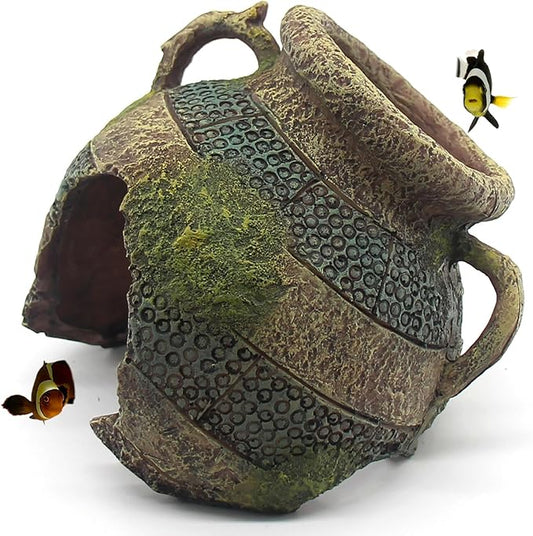 relaqcc Aquarium Decor Ruins Leaning Vase Hideaway Cave, Betta Fish Tank Accessories for Goldfish, Shrimp, Conch, Cichlid