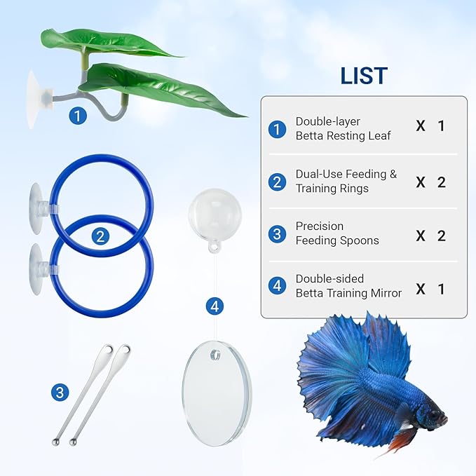 Betta Fish Toy Set: Betta Training Floating Mirror, Training/Feeding Ring, Spoon, and Resting Leaf. Promotes Exercise. Betta Toys, Resting & Feeding Kit.
