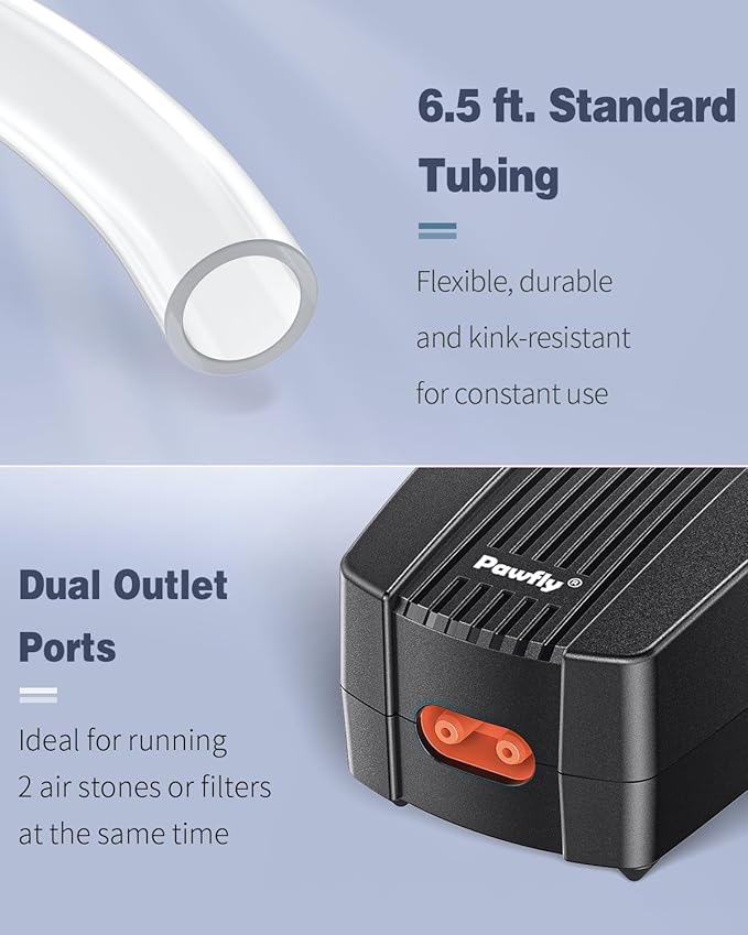Pawfly 50 GPH Aquarium Air Pump for 10-60 Gallon Fish Tanks Dual Outlet Adjustable Ultra Quiet Aerator Pump with Airline Tubing, Air Stones Connectors, Check Valves and Nano Bio Sponge Filter