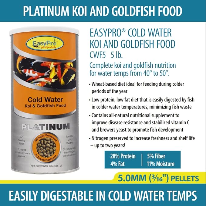 EasyPro CWF5 Cold Water Koi and Goldfish Food | Wheat Germ Spring and Fall Formula | Low Protein and Low Fat | Floating Pellets 5mm | 5 lb