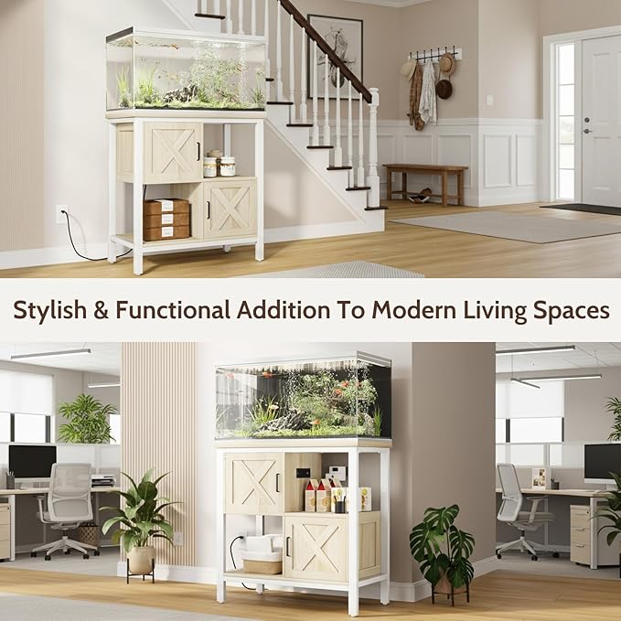 20-29 Gallon Fish Tank Stand with Power Outlet, Farmhouse Aquarium Stand with 2 Cabinets, 20 Gallon Fish Stand with 4 Adjustable Legs, 16.5" L*30.7" W Tabletop (White)