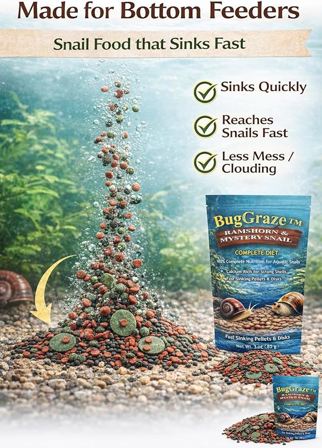Ramshorn and Mystery Snail Complete Diet Aquarium Snail Food – Calcium-Enriched Sinking Pellets, Wafers & Granules.