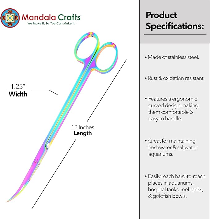 Mandala Crafts 12 Inches Rainbow Stainless Steel Curved Aquarium Scissors for Trimming Aquatic Plants – Bent Aquascape Scissors for Fish Tanks, Hospital Tanks, Goldfish Bowls, and Terrariums