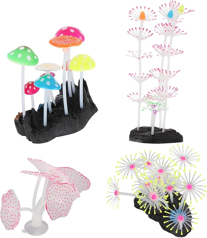 BEIJIALY 5Pcs Aquarium Ornament Glowing Silicone Simulation Aquarium Mushroom Coral Decoration for Fish Tank Aquarium, Silicon Glow Aquarium Plants Ornaments Kit