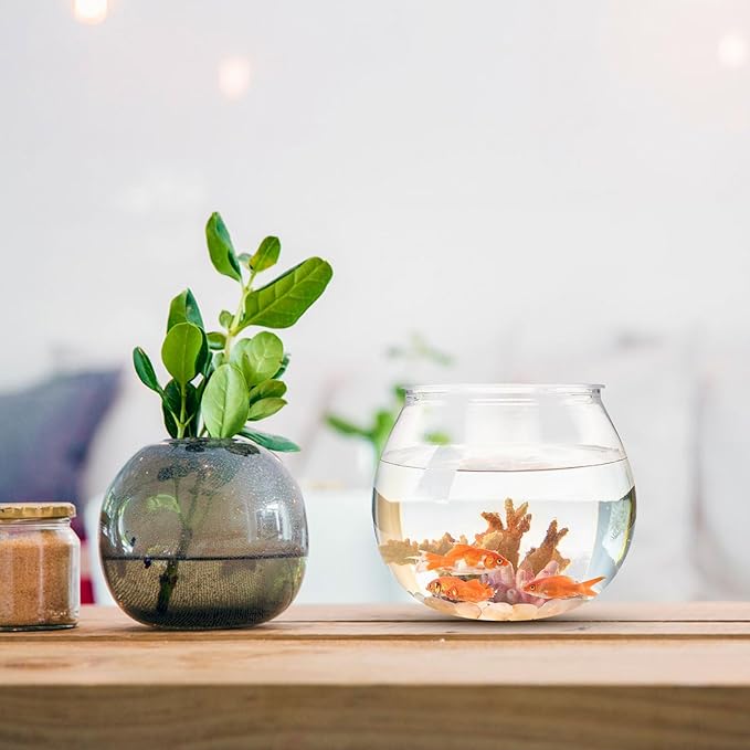 Alipis Desktop Fish Tank Small Clear Plastic Fish Bowl Round Aquarium Office Table Decor Shatterproof Mini Bowl with Plants