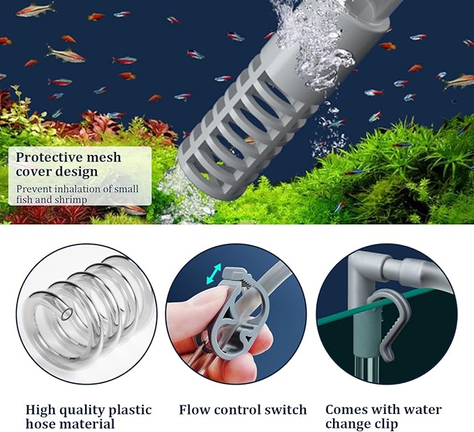 Fish Tank Cleaner 7.2ft Manual Adjustable Air Bag Valve Hot Tub Vacuum Fish Tank Gravel Sand Cleaning Aquarium Vacuum with Flexible Hose and Wand for Pool Grass Debris Cleaning, Hot Tub