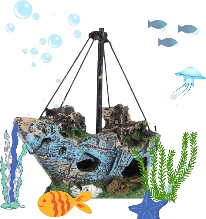 Fish Tank Decorations, Resin Shipwreck Aquarium Decor for Tank, Sunken Ship Aquarium Decorations Large, Betta Fish Tank Accessories, Wrecked Ship Fish Hideout Freshwater Saltwater Tanks