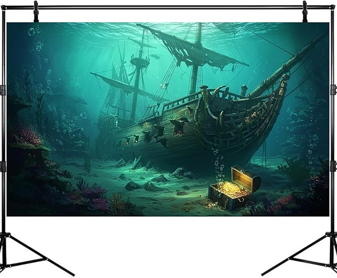 Sunken Pirate Ship Aquarium Background Deep Sea Ocean Floor Sand Corals Treasure Chest Fish Tank Background Broken Masts Tattered Sails Aquatic Plants Terrarium Backgrounds for Tank Decors 72x16in