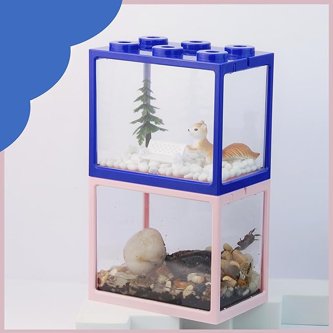 Small Sea Monkey Tank, Stackable Mini Betta Fish Tank Tinny Aquarium Kit with Aquarium Gravel, Moss Ball Tank Shrimp Tank 0.27 Gallon Acrylic Cube Fish Bowl for Shrimp Snails