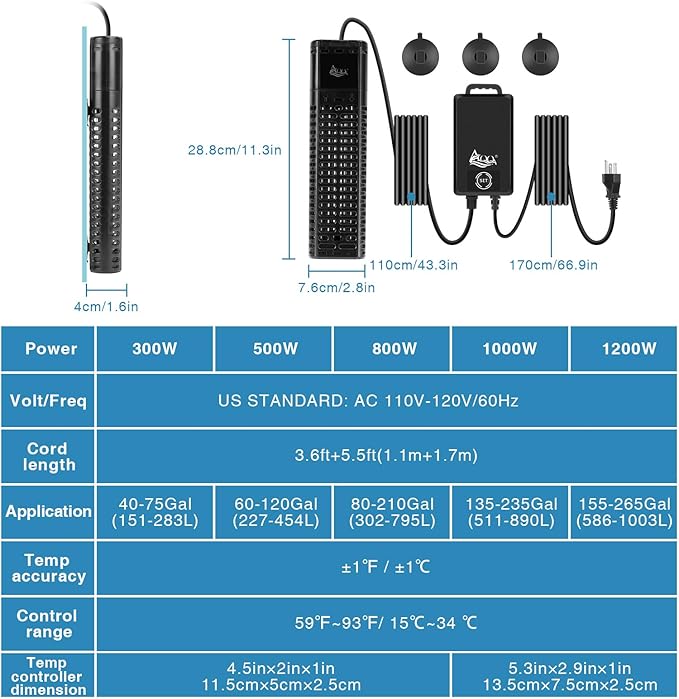 AQQA Aquarium Heater,300W 500W 800W 1000W 1200W Fish Tank Heater,59℉-93℉ Submersible Intelligence Aquarium Heater with Over-Temperature Dry Burning Protection 1000W to 135-235 Gallon
