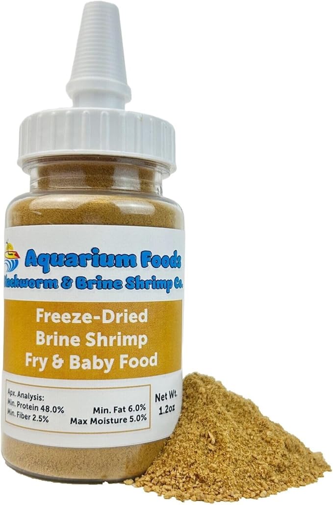 Brine Shrimp Powder-Small Bits Fry & Baby Food, for Freshwater Fish, Marines, Baby Pond Fish, Corals, Anemones, All Tiny Nanos, Fry and Babies…1.2oz Sm Squeeze Bottle