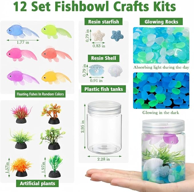 FoldTier 12 Set Fishbowl Craft Kit with Plastic Fish Bowl Floating Fake Goldfish Aquarium Plant Glow in The Dark Rock Seashell Mini Fish Tank Decoration Accessories for Party Supplies School Classroom