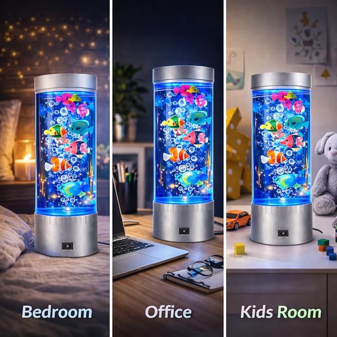 Bubble Fish Lamp with 6 Floating Fake Fish – LED Aquarium Night Light with Bubbles – Cylindrical Transparent Tank, Perfect for Rooms, Offices, and Living Spaces