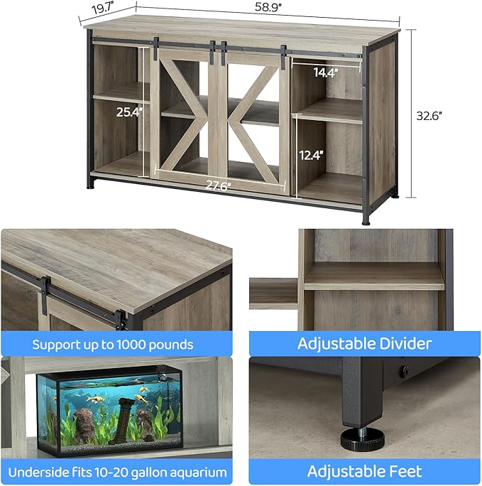 50-80 Gallon Fish Tank Stand, Heavy Duty Aquarium Stand with Cabinet for Fish Tank Accessories Storage - 1000 LBS Capacity, 58.9" L x 19.7" W x 32.6" H, Gray