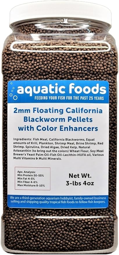 2 mm Floating Blackworm Pellets with Color Enhancers & Vitamins. Great for All Tropical Fish, Marine Fish, Cichlids, Carnivores, Discus, Coldwater Fish, Koi & Pond Fish…3-lb 4oz Lg Jar
