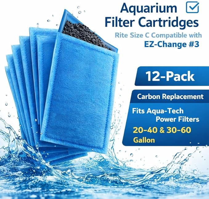 Gekufa 12 Packs Aquarium Filter Cartridges Compatible with EZ-Change #3, Aqua-Tech 20-40 & 30-60 Gallon Power Filters, Rite Size C Activated Carbon Fish Tank Filter
