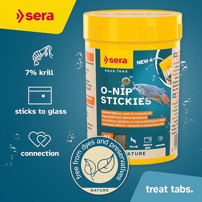Sera O-Nip Stickies 100 Tabs 2.1 oz | Complete Feed for All Ornamental Fish | Adhesive Tablets Stick to The Aquarium Glass | High Protein | No Dyes & Preservatives | with Bloodworms, Krill & Tubifex