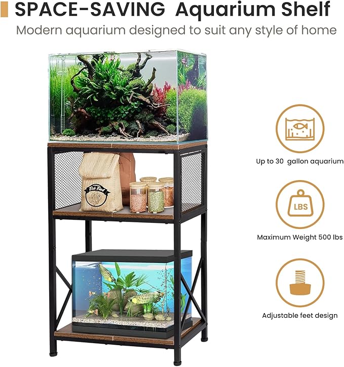 SwaaVee 10 Gallon Fish Tank Stand, Heavy-Duty 3-Tier Metal Storage Cabinet, Rustic Brown Aquarium Stand for Fish, Turtle & Reptile Terrariums (Rustic Brown)