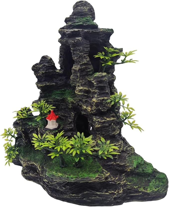 Large Aquarium Decoration Resin Fake Rock Mountain Ornament Landscape Castle Decoration Fighting Fish Reptiles Turtles Hiding Cave Fish Tank Ornaments Accessories - Height 10.7 inches (Green)