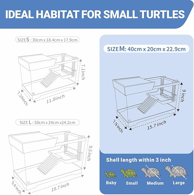GOZILLA Aquatic Turtle Tank+Lamp+Filter Kit, Upgrade PC Turtle Tank Starter Kit with Adjustable 360°Lamp & Filter,Reptile Habitat Lid,Hanging Platform for Small Reptiles.(15.75×7.9×9''/White)