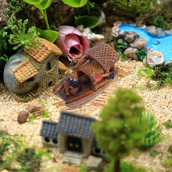 Didiseaon Micro Boat Figurine Landscape for Fish Tank, 3Inch Mini Ceramic Vintage Boat Ornament for Garden Bonsai Sand Table Crafts