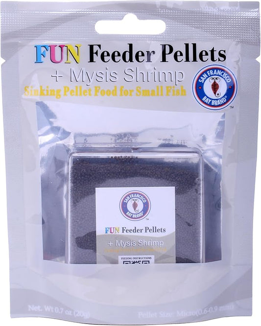 San Francisco Bay Brand Fish Food 0.7 oz - Fun Feeder Sinking Fish Food Pellets for Tropical Fish, Goldfish Food with Mysis Shrimp - 0.6-0.9mm Micro Pellets for Freshwater & Saltwater Fish, 20g