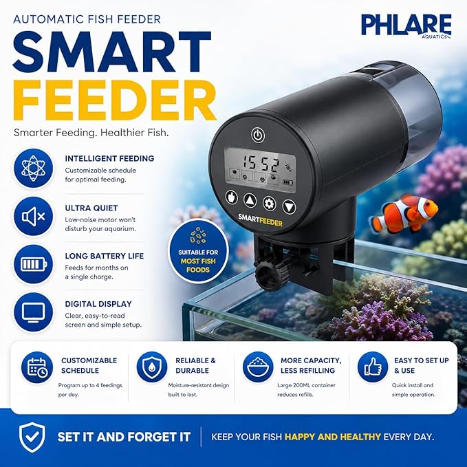 Automatic Fish Feeder – Rechargeable USB-C Timer Feeder for Aquariums & Fish Tanks | Vacation & Weekend Feeding | Flakes Pellets & Granules | 200ml Capacity | Freshwater & Saltwater