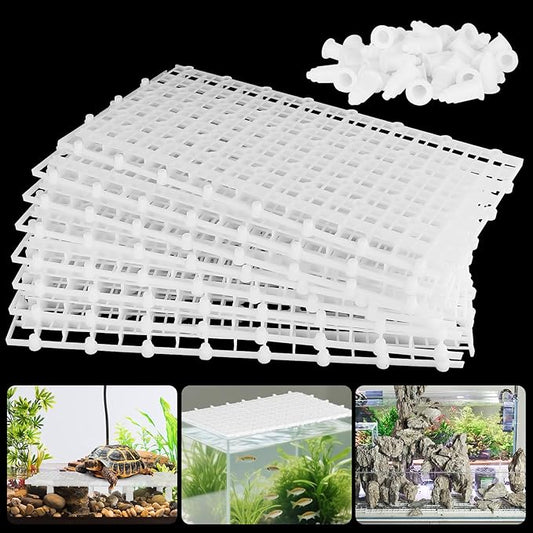 12pcs Aquarium Fish Tank Divider Filter Bottom with Bracket, Plastic Egg Crate Grid (11.6X5.7inch) for Fish Tank Separation, Bottom Filtration & DIY Aquascaping (White, 72 Brackets)