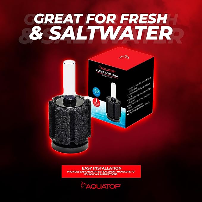 Aquatop Internal Sponge Filter for Aquariums – Suitable for Tanks Up to 25 Gallons, Freshwater and Saltwater Use, Compatible with Air Pumps or Powerheads