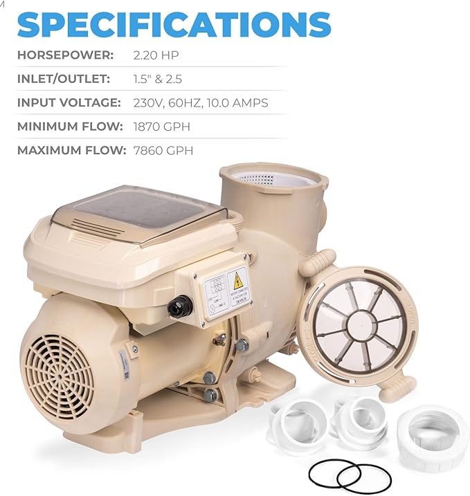 XtremepowerUS 2HP SuperFlow Variable Speed Swimming Pool Pump 230V, InGround 7,860 GPH 1.5" 2" Fitting Adapter, Self Priming Compatible EC-342001 Max 2.2HP