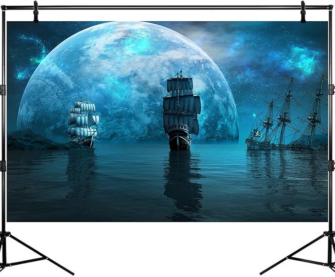 Ocean Blue Planet Aquarium Background Splendid Aurora Deep Sea Sailing Ships Fish Tank Background Night View Seascape Ancient Adventure Pirate Ship Terrarium Backgrounds for Home Tank Decors 30x18in
