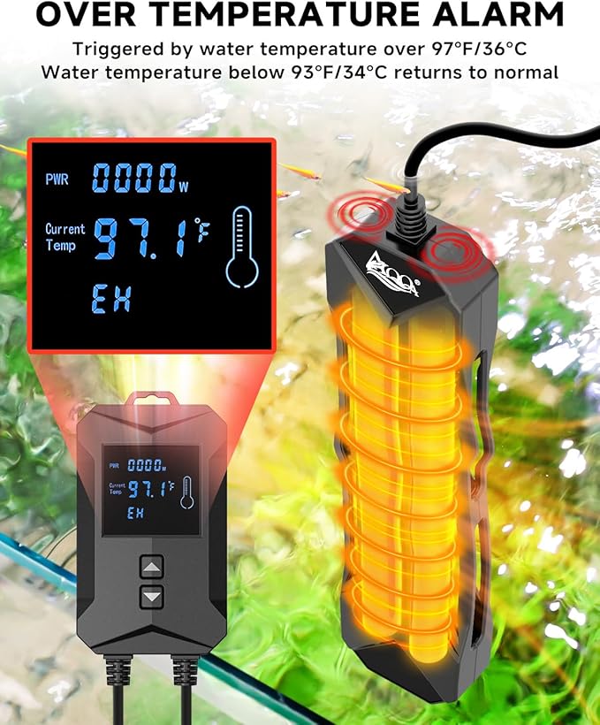 AQQA Aquarium Heater 800W/1000W/1200W/1400W Fish Tank Heater with LED Digital Display 110-120V Submersible No Pond Heaters with Overheat & Dry-Out Protection for Freshwater & Saltwater Tanks (1000W)