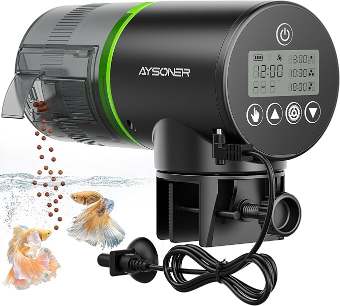 Aysoner Automatic Fish Feeder for Aquarium: Temperature Display Smart Fish Food Dispenser with Moisture-Proof for Betta Turtle Tank During Vacation