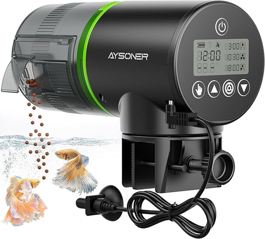 Aysoner Automatic Fish Feeder for Aquarium: Temperature Display Smart Fish Food Dispenser with Moisture-Proof for Betta Turtle Tank During Vacation