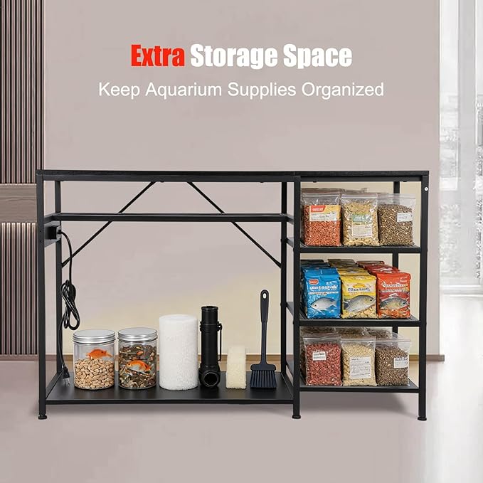 FAHKNS 55 75 Gallon Aquarium Stand Heavy Duty 1200lbs Capacity, Black Steel Frame Fish Tank Stand with Electrical Outlet & USB, Storage Cabinet for Large 49 Inch Aquariums