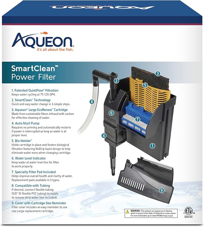 Aqueon SmartClean Power Filter with EcoRenew Filter Cartridge, Quick and Easy Water Changes, Quiet Operation, Adjustable Flow, for 20-30 Gallon Freshwater and Saltwater Aquariums, Large