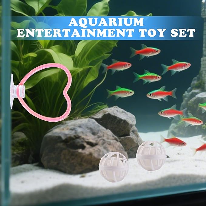 Betta Fish Toys, 2 PCS Heart Fish Exercise Ring and Nitrifying Balls Set, Heart Betta Mirror Toy Set, Feeding Ring with Suction Cup, Fishing Tank Accessories for Gifts (Pink)