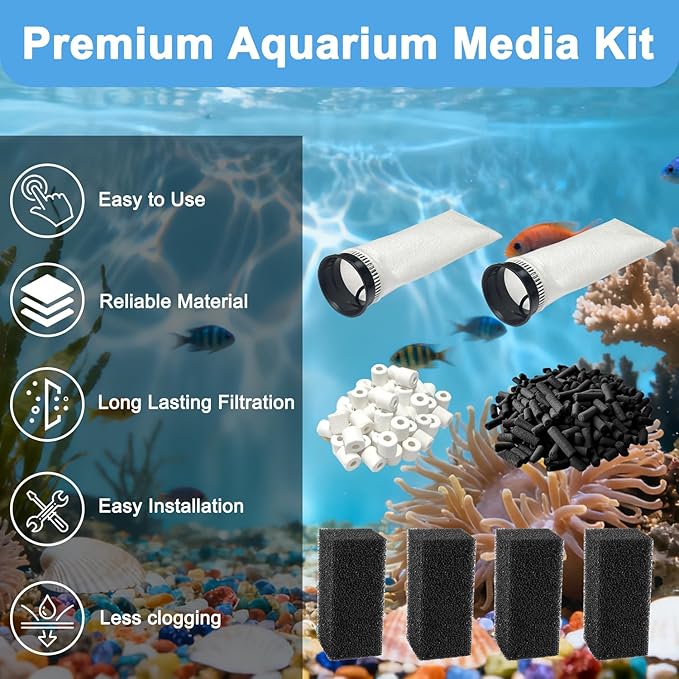 14 PCS Filter Media Maintenance Set Replacement for Waterbox AIO 20 CUBE and AIO 25 PENINSULA Aquarium Filters, Includes 2.75 Inch Filter Socks, Carbon Pellets, Ceramic Rings, AIO Filter Sponges