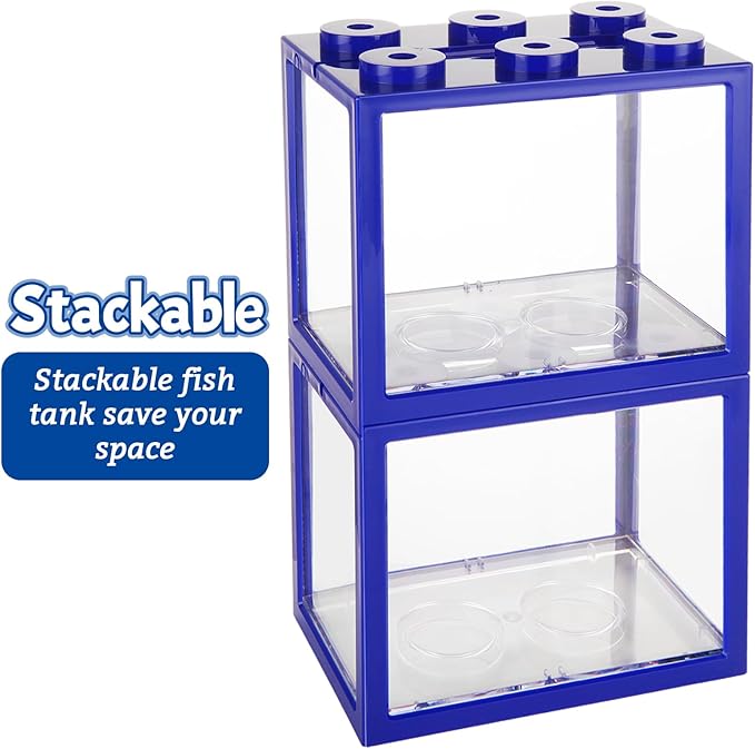 QTLCOHD 4 Pack Small Betta Fish Tank, 0.6 Gallon Mini Aquarium Tank, Blue Stackable Fish Bowl, Acrylic Tiny Cube Tank for Beta Fish Sea Monkeys Shrimp Snails